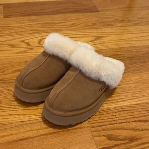 UGG Tan Suede Slippers with White Fur Trim